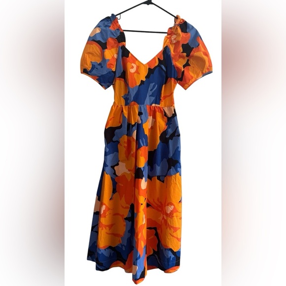 Tabitha Brown Target Vibrant Orange & Blue Floral Dress Puff Sleeve Dress Size 4 - Picture 3 of 10